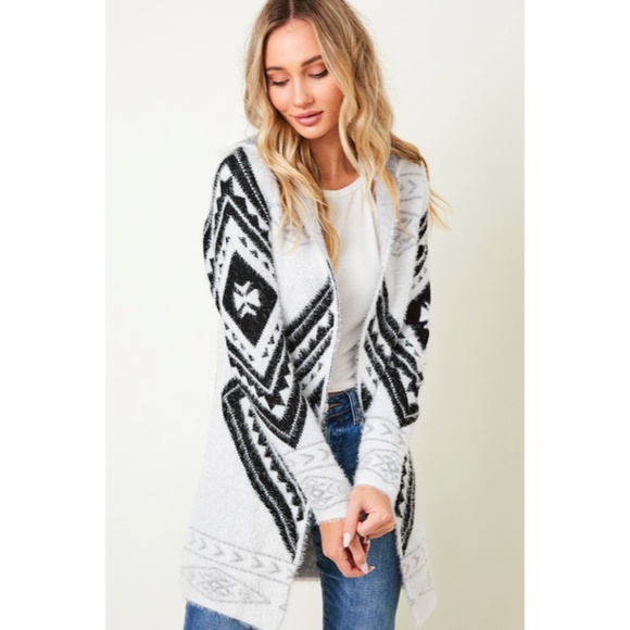 Fuzzy Soft Knit Hooded Long Sleeve Aztec Tribal Native Western Cardigan Sweater - Picture 5 of 10